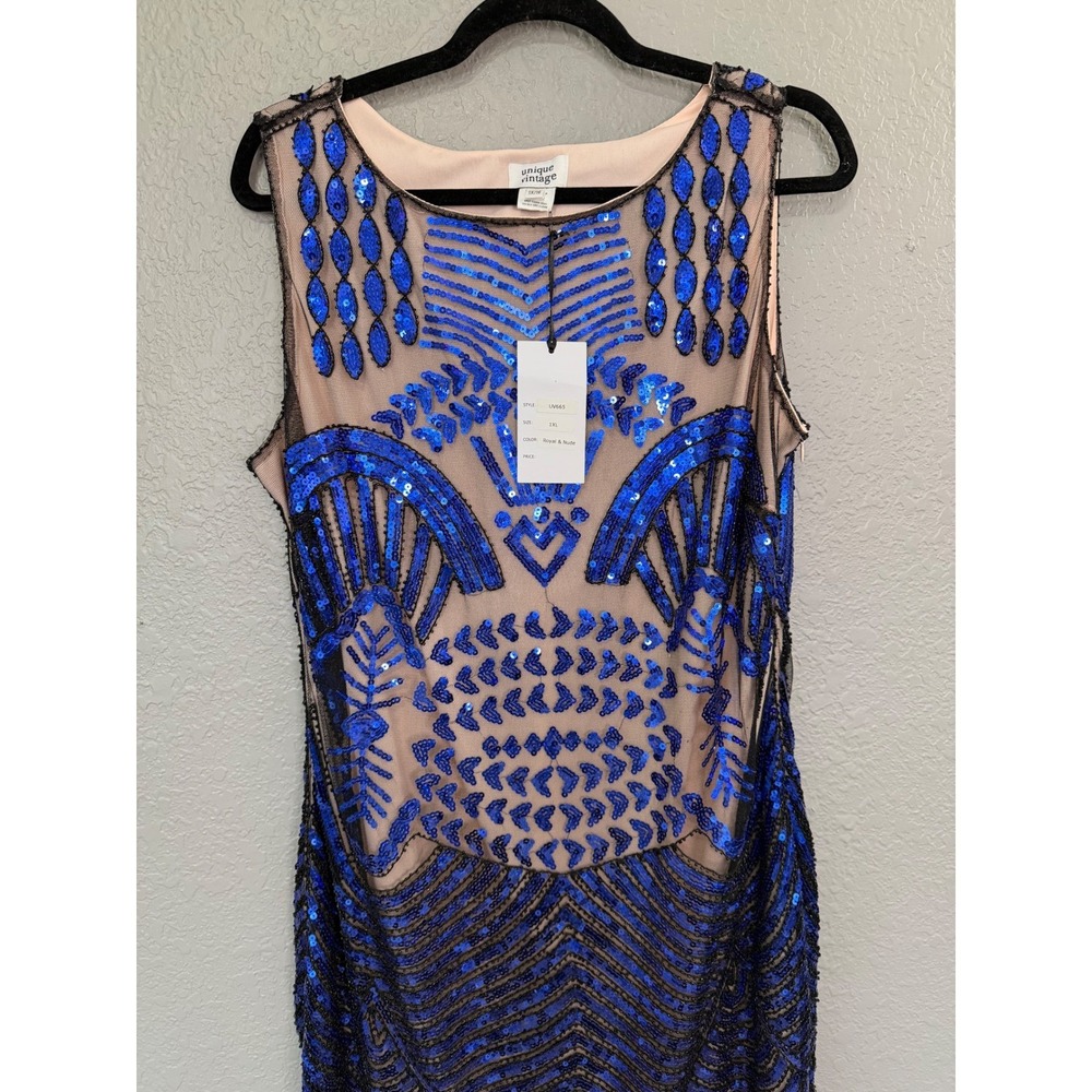 NWT‎ Unique Vintage Flapper Dress 1X/16 Blue Sequin Fringe Whimsy 1920's Gatsby - Picture 5 of 11